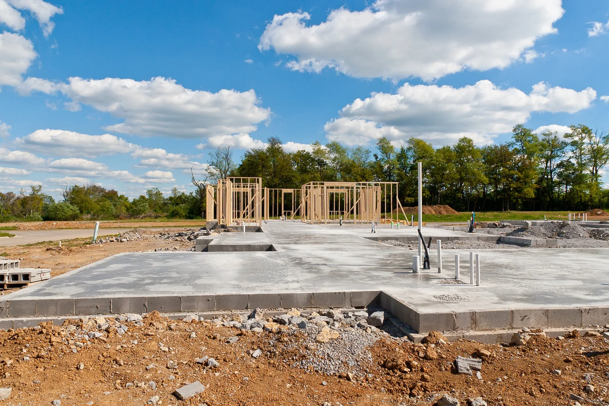 Freshly poured concrete slab ready for construction
